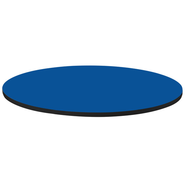 A blue round table top with a black border.