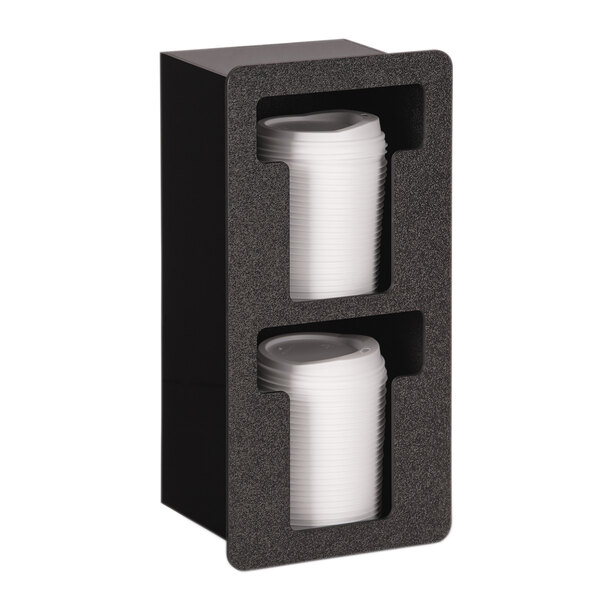 A black Vollrath lid holder with two slots holding white plastic lids.