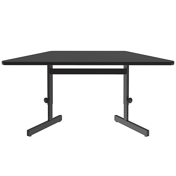 A black table with two adjustable legs.
