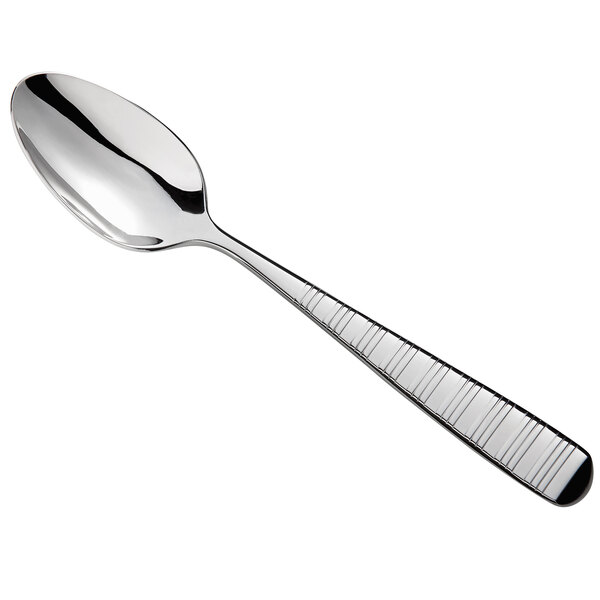 A Reserve by Libbey stainless steel dessert spoon with a silver handle.