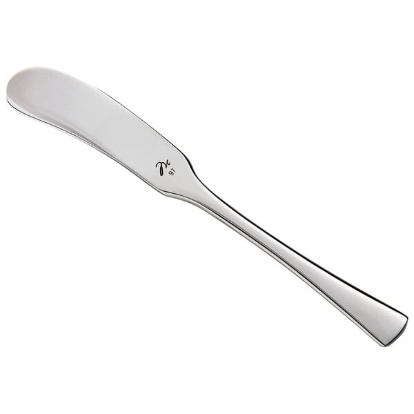 A silver Reserve by Libbey Lucine butter spreader with a handle.