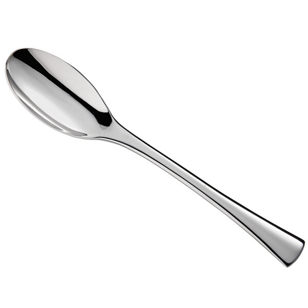 A Reserve by Libbey Lucine stainless steel dessert spoon with a silver handle and spoon.