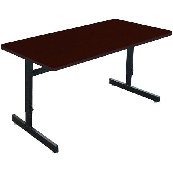 A brown rectangular Correll computer table with black legs.