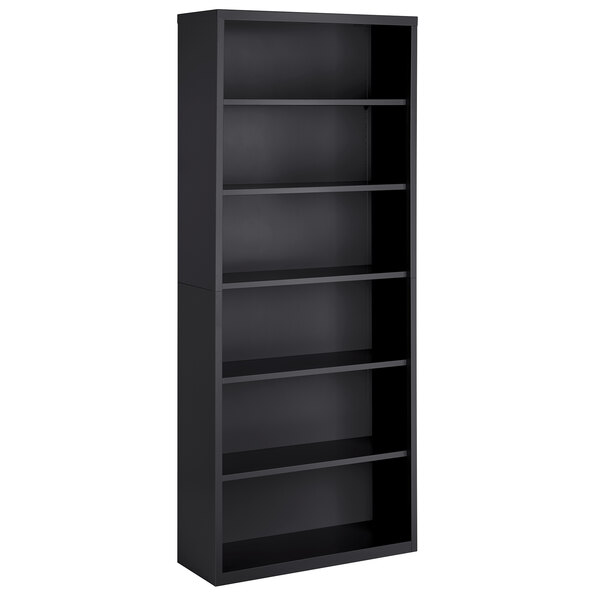 A Hirsh charcoal steel bookcase with six shelves.