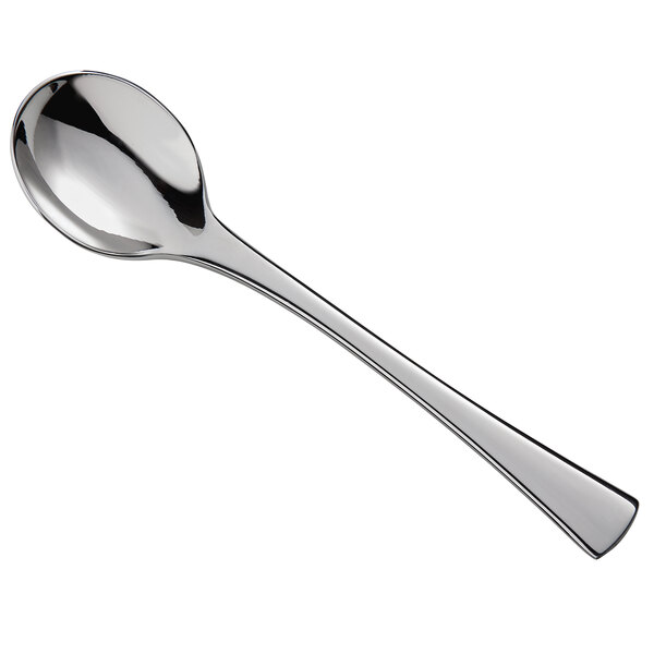 A Libbey Lucine stainless steel bouillon spoon with a silver handle.