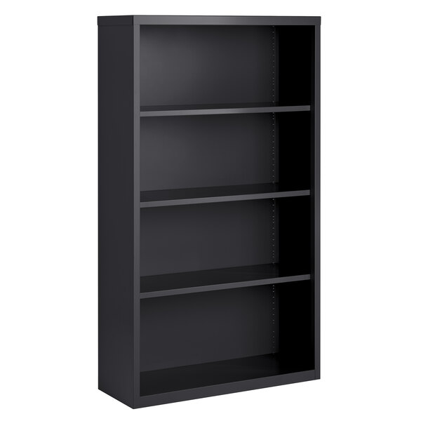 A Hirsh charcoal steel bookcase with four shelves.