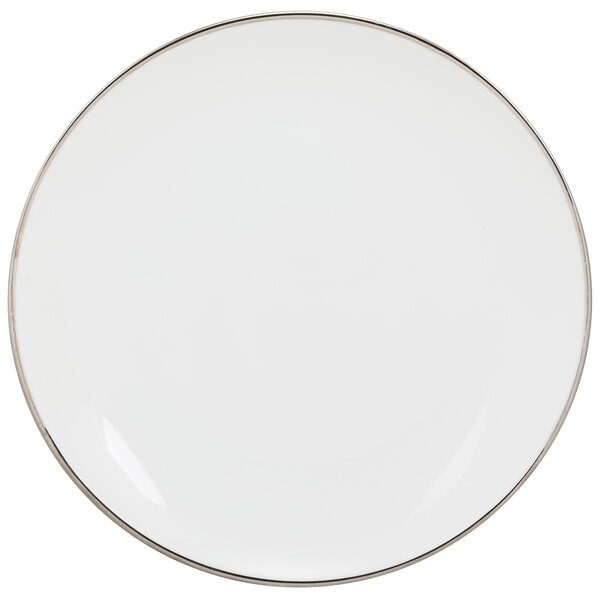 A 10 Strawberry Street silver porcelain salad plate with a silver rim on a white background.