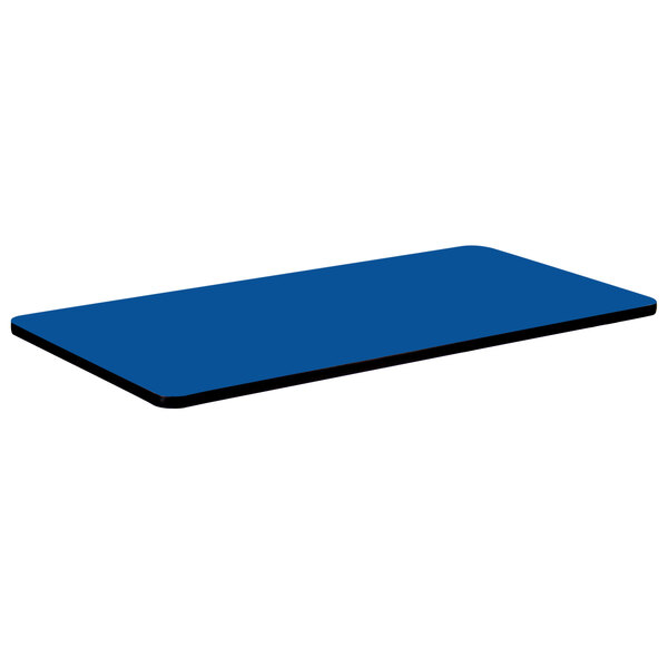 A blue rectangular Correll table top with black edges.