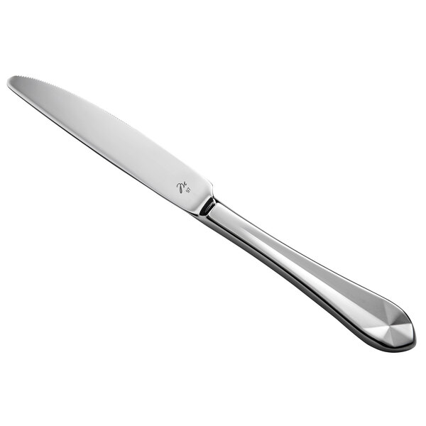 A silver knife with a silver handle.