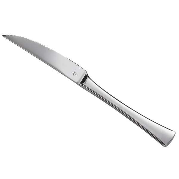 A silver knife with a stainless steel handle.