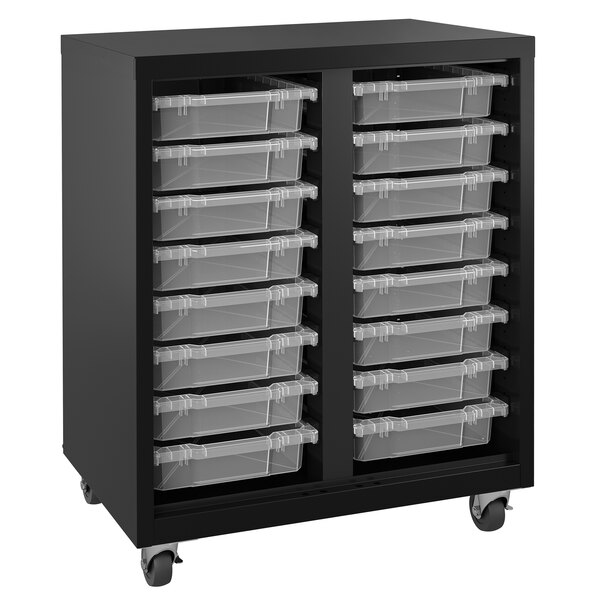 A black metal cabinet with clear plastic bins.