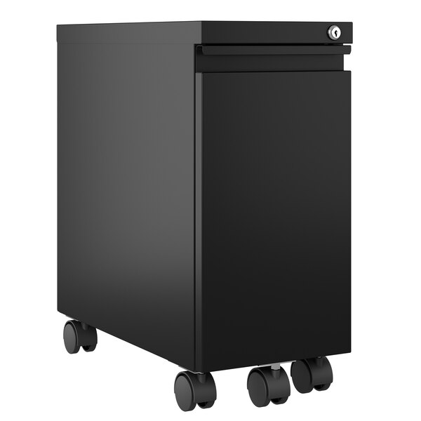 A black rectangular file cabinet with wheels.