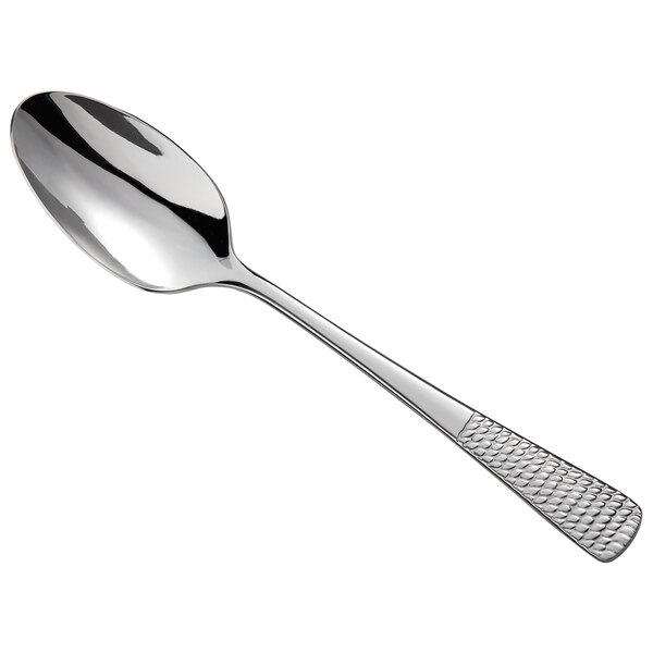 A Reserve by Libbey stainless steel dinner spoon with a textured handle.