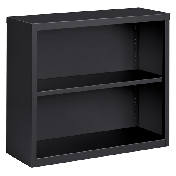 A charcoal Hirsh welded steel bookcase with two shelves.