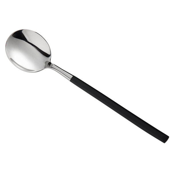 A Reserve by Libbey stainless steel round bowl soup spoon with a black handle.