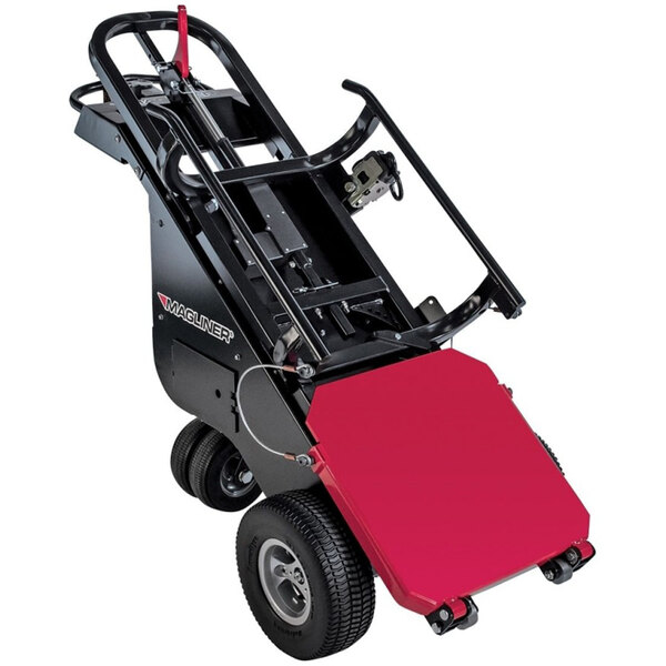 A red and black Magliner motorized hand truck with foam filled tires.