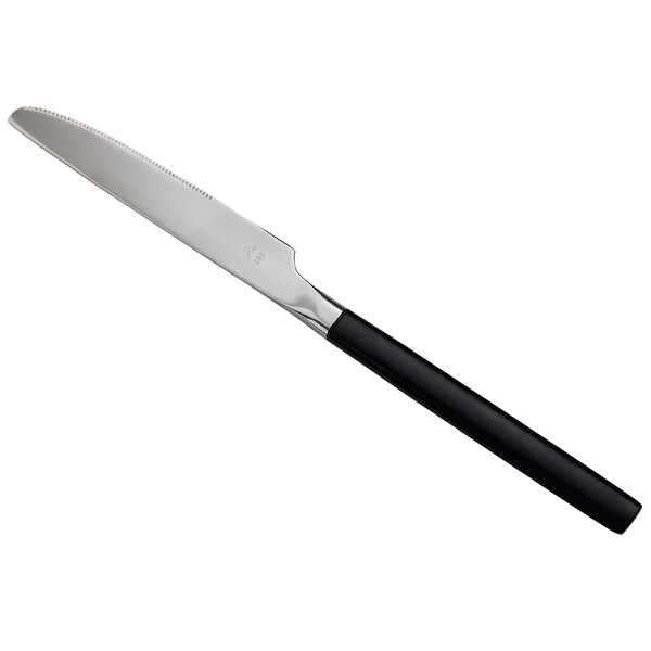 A Reserve by Libbey stainless steel dinner knife with a black handle and silver blade.