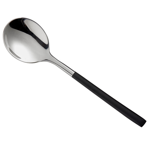 A Reserve by Libbey stainless steel bouillon spoon with a black handle.