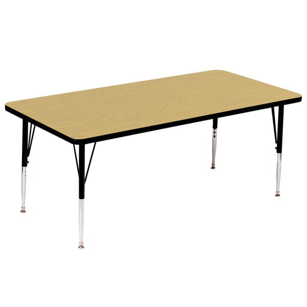 A Correll rectangular activity table with black legs and a fusion maple top.