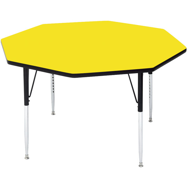 A yellow hexagon table with adjustable legs.