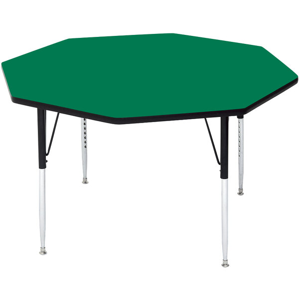 A green hexagon Correll activity table with black legs.
