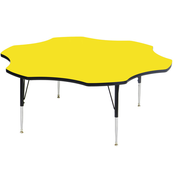 A yellow Correll activity table with black legs and yellow top.