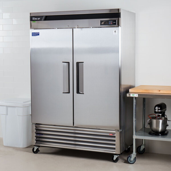 A large silver Turbo Air TSR-49SD Super Deluxe refrigerator with two doors.