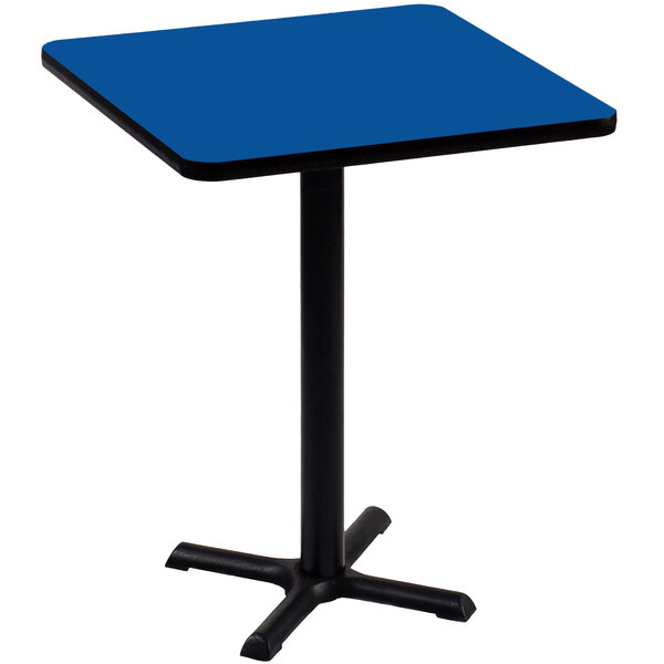 A blue square Correll bar height table with a black base.