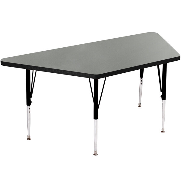 A grey rectangular table with black legs.