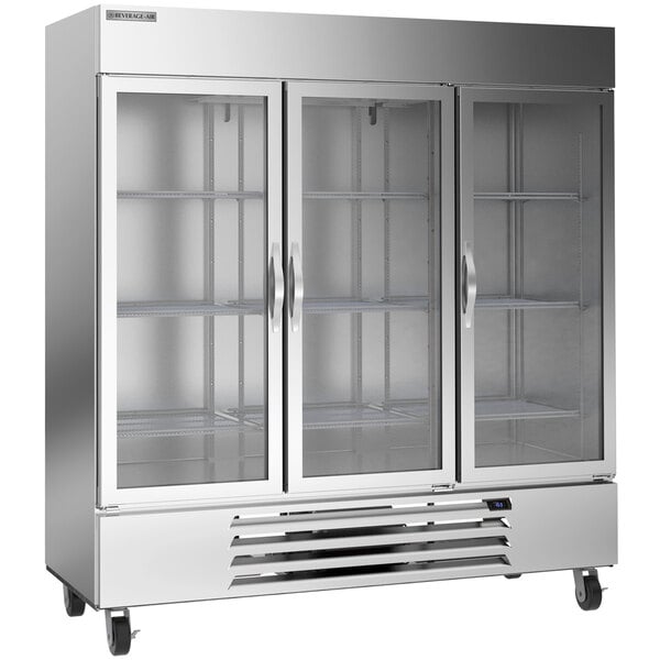 A Beverage-Air silver reach-in freezer with glass doors.