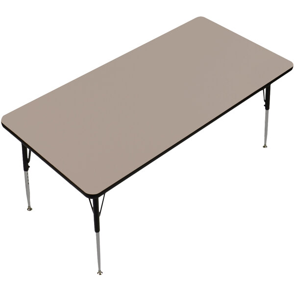 A rectangular table with a beige top and black legs.