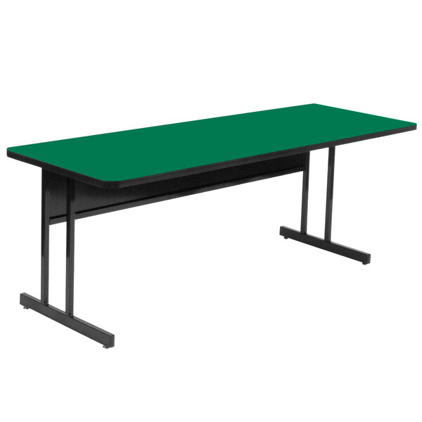 A green rectangular Correll table with black legs.