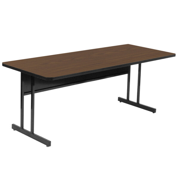 A brown rectangular table with black base.