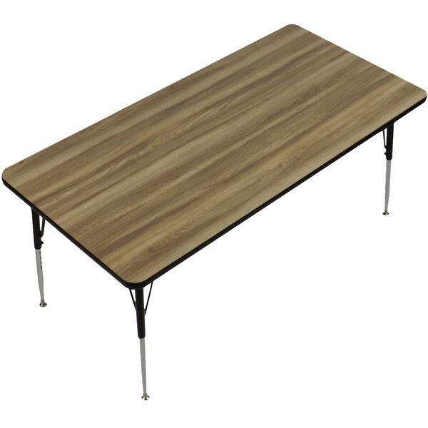 A rectangular Correll activity table with metal legs and a Colonial Hickory finish.