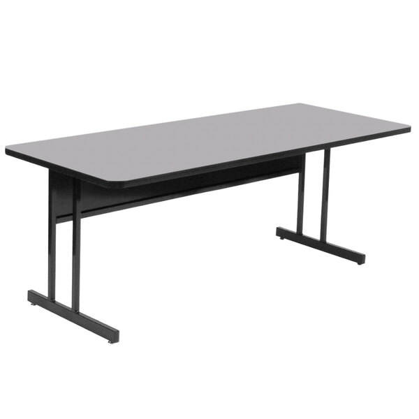 A rectangular gray table with a black base.