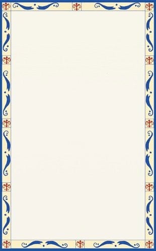White rectangular menu paper with a Mediterranean border in blue and red.