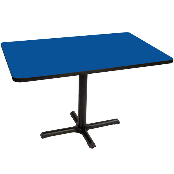 A blue rectangular Correll table with a black base.