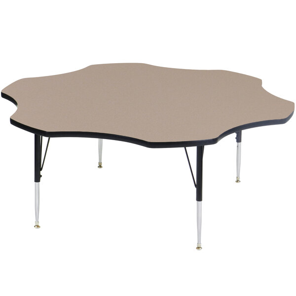 A Correll rectangular activity table with a brown flower patterned surface and adjustable legs.