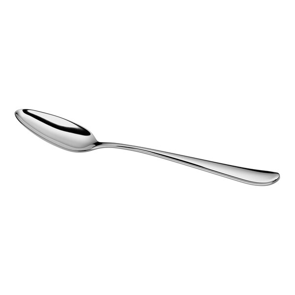 A shiny, stainless steel spoon with an oval bowl and a gently curved handle is shown against a white background.