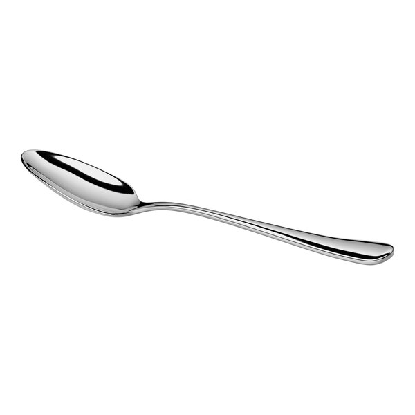 A shiny, stainless steel teaspoon with a simple, slightly curved handle is shown against a white background.
