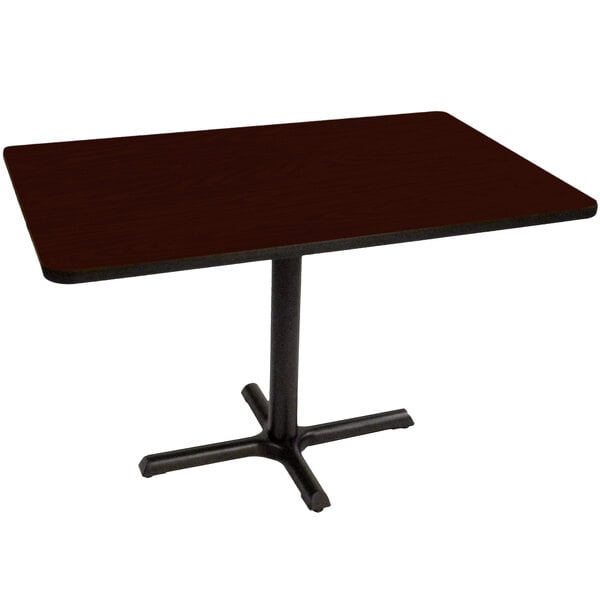 A rectangular mahogany table top on a black table base.