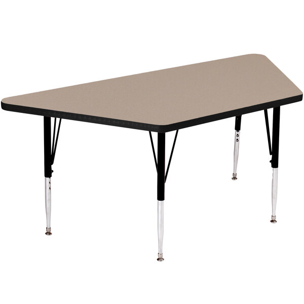 A rectangular trapezoid activity table with legs and a grey surface.