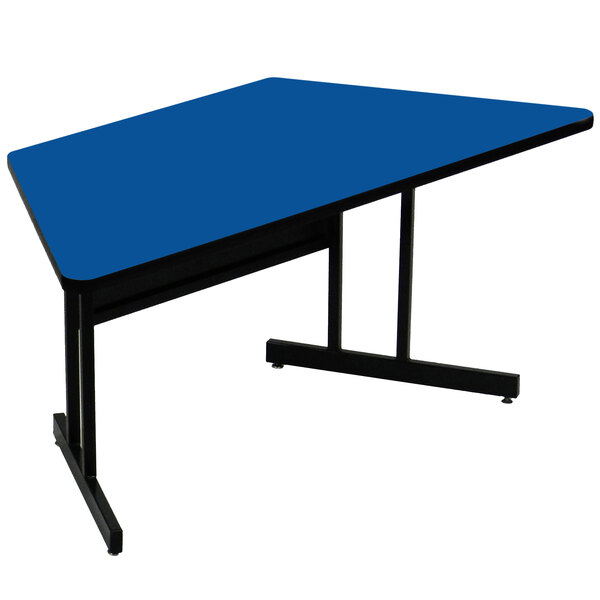 A blue rectangular Correll desk with black legs.