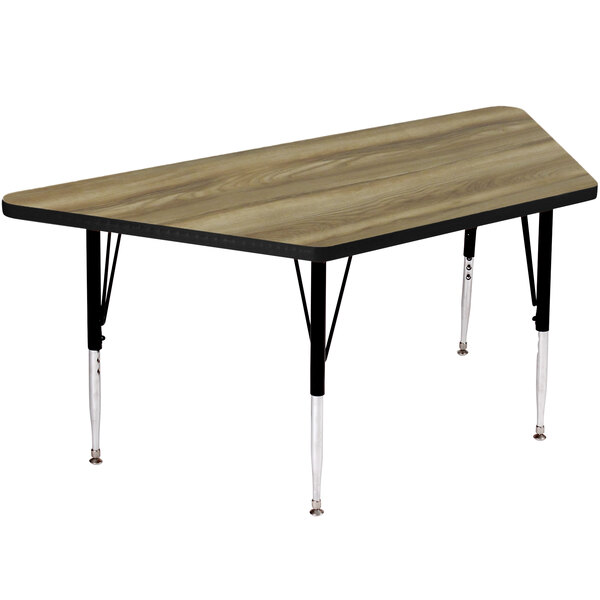A trapezoid shaped table with black legs and a wooden surface.