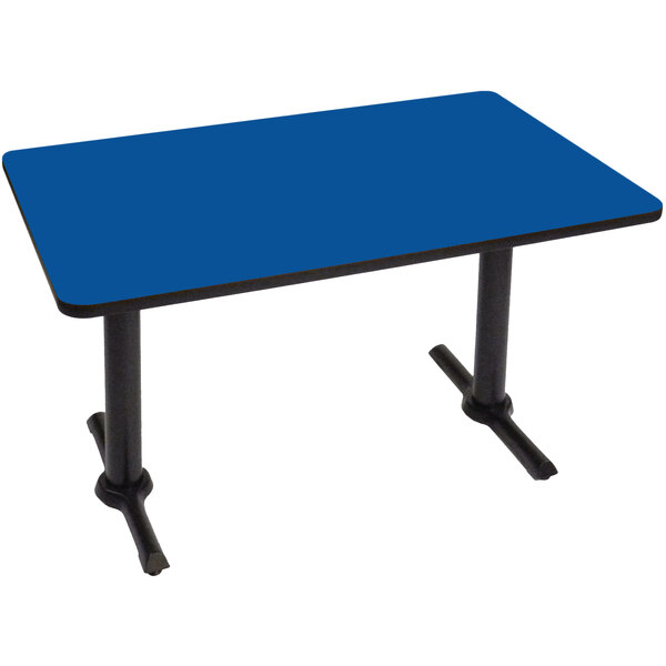 A blue rectangular table with black T bases.