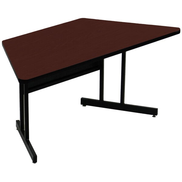 A brown rectangular table with black legs and a keyboard height top.