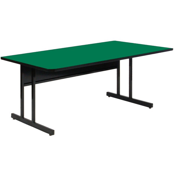 A green rectangular Correll computer table with black legs.
