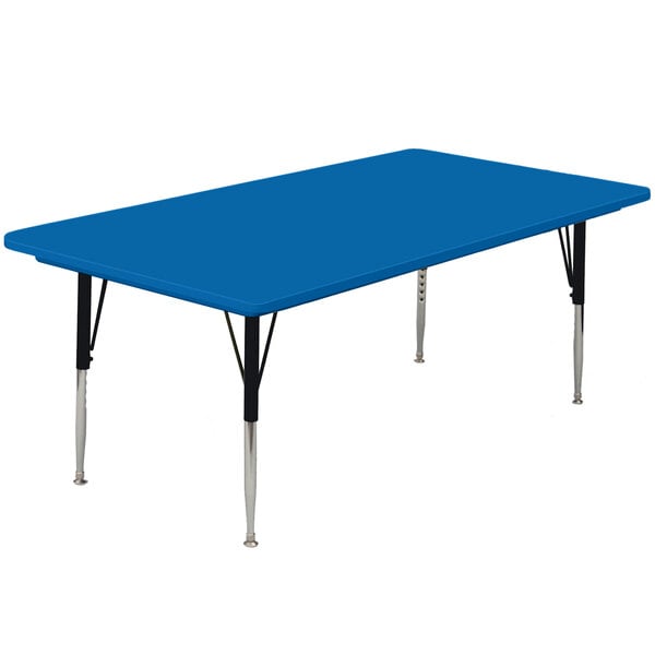 A blue rectangular Correll activity table with black legs.