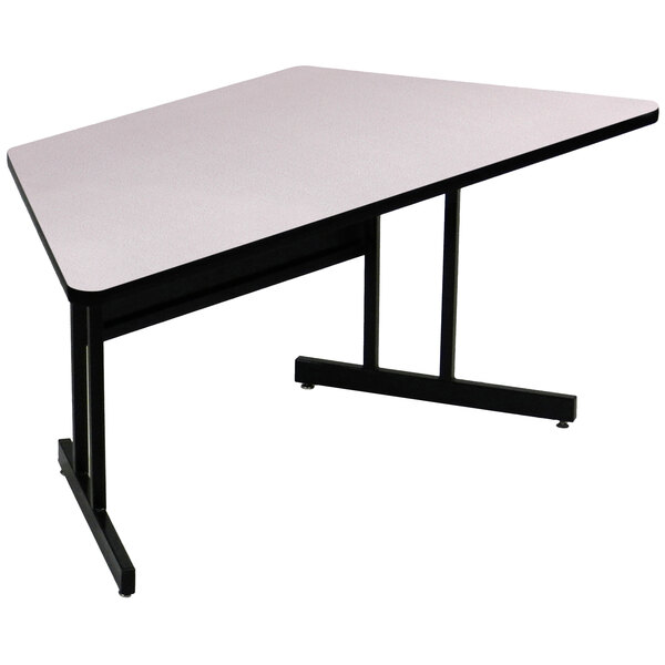 A trapezoid table with a black base and gray granite surface.