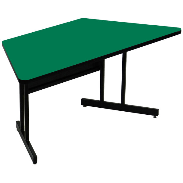 A green table with black legs.